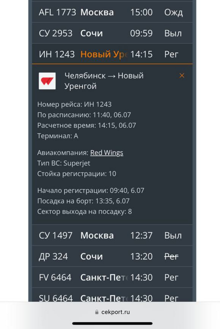 В аэропорту Челябинска три раза меняли время вылета самолета в Новый Уренгой  - скрин