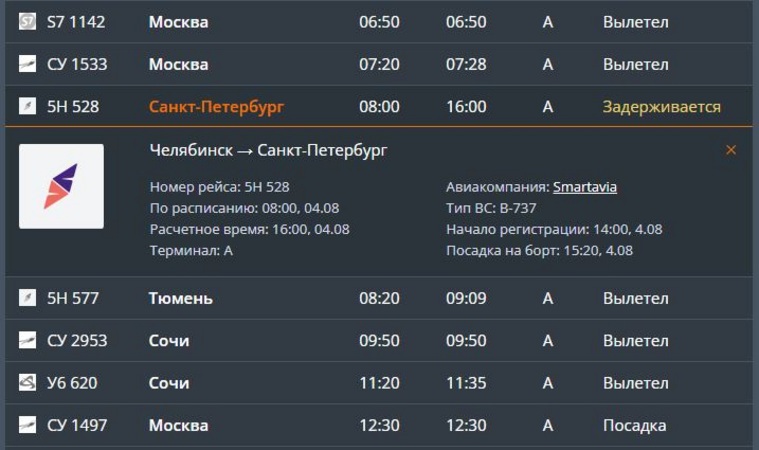 Вылет в Санкт-Петербург перенесли с 8:00 на 16:00