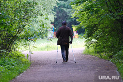 Everyday life.  Moscow, pensioner, park, Nordic walking, man, recreation, healthy lifestyle