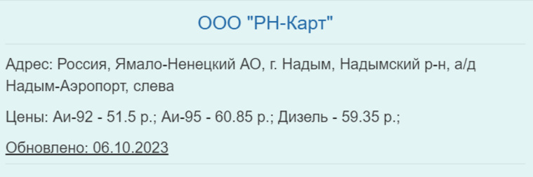 Самая дешевая цена на бензин на 6 октября зафиксирована в Надыме