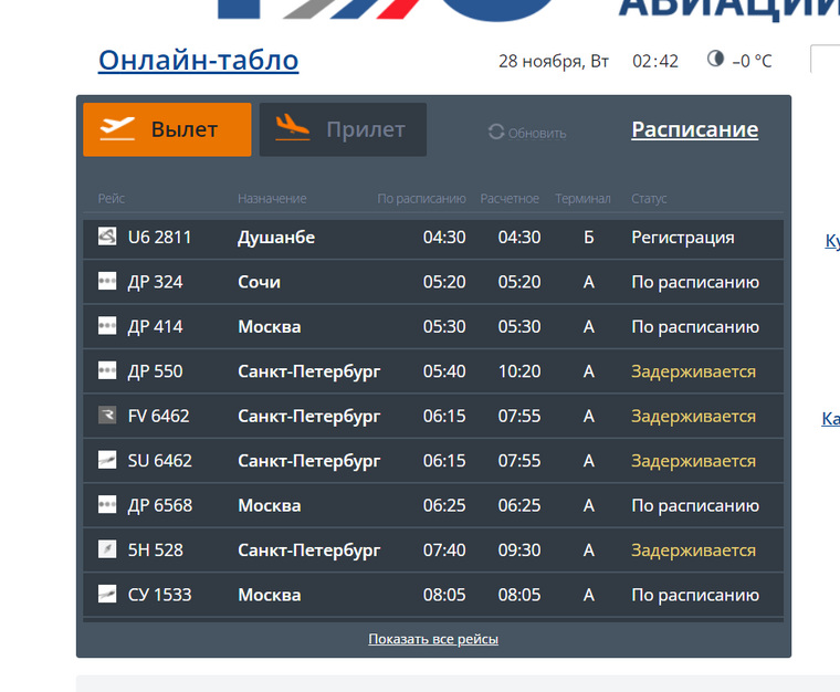 Рейсы из Челябинска в Санкт-Петербург задерживаются на несколько часов