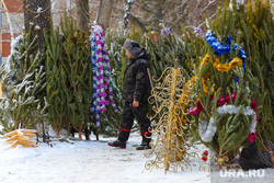 Виды города. Курган, продавец, продажа, елки, ели, новый год, украшение новогодней елки