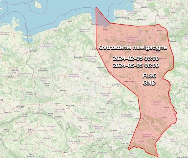 Предупреждение распространяется на регионы восточной Польши, граничащие с Россией, Белоруссией и Украиной, а также участок Балтийского моря восточнее Гданьска