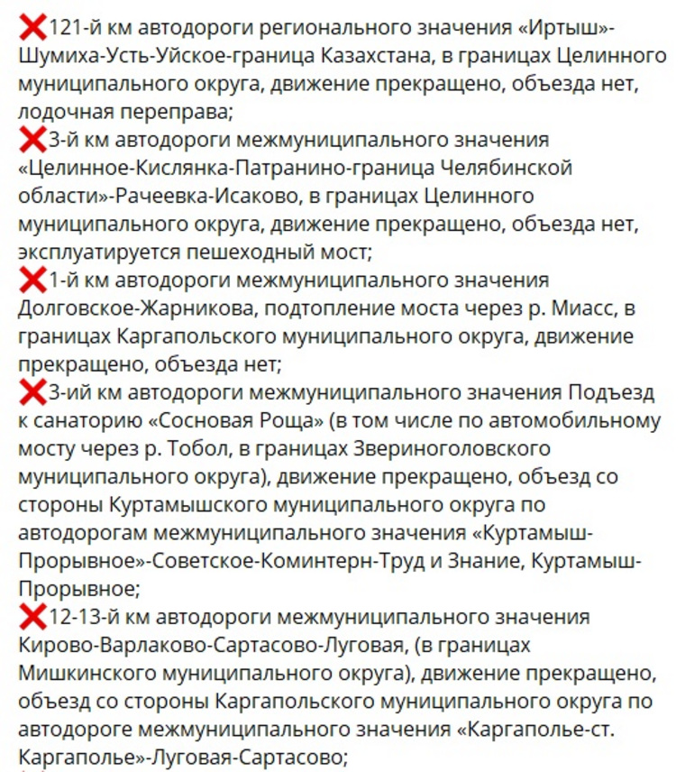 Список перекрытых дорог