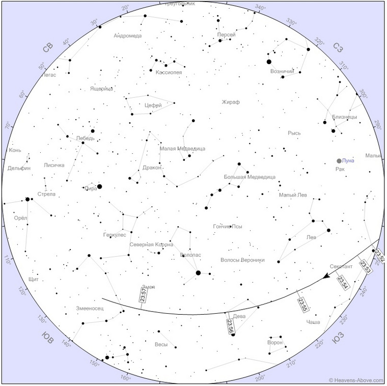 Вот пример полета МКС на фоне звезд для 13 мая