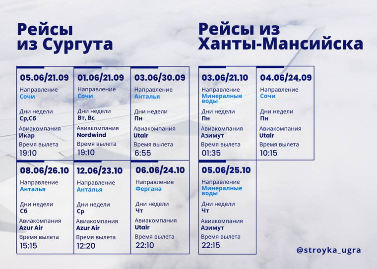 Летние рейсы из Сургута и Ханты-Мансийска