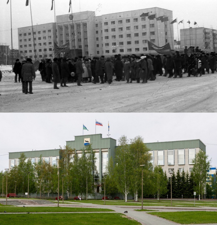 На фото — здание администрации Сургута  в 1990 году и сейчас
