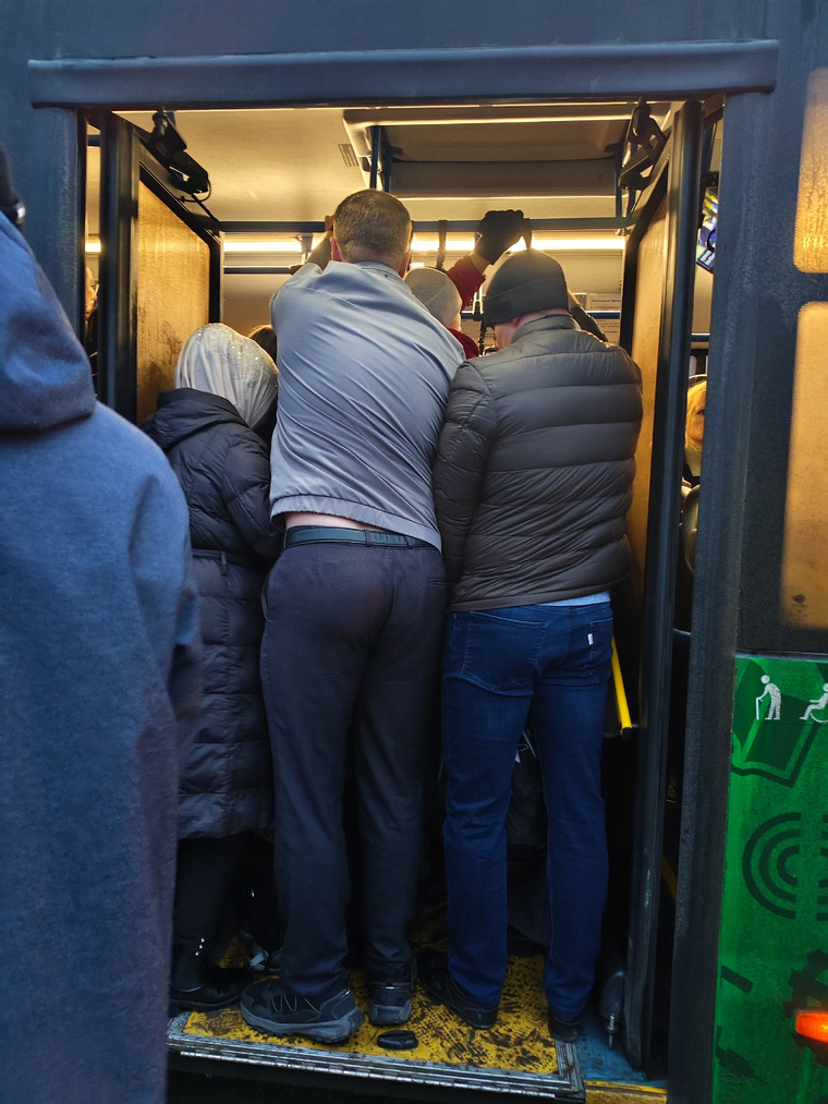 Вот так по утрам жители Паркового пытаются влезть в общественный транспорт