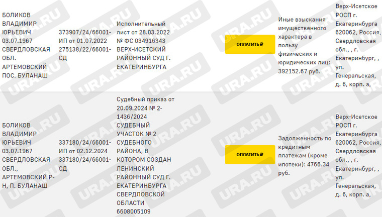 За Владимиром Боликовым числится два долга, самый крупный — 392 тысячи рублей